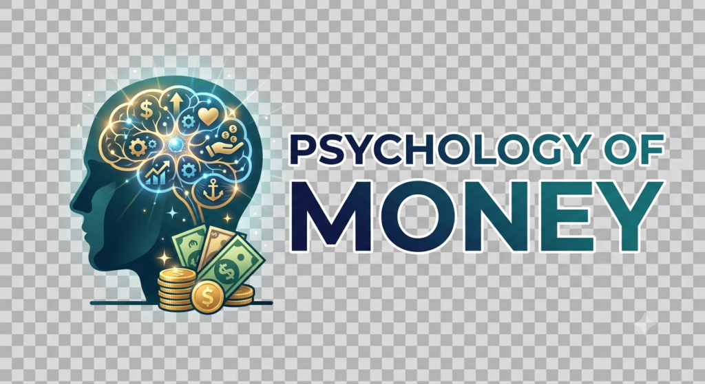 Open book titled The Psychology of Money resting beside a piggy bank and calculator, symbolizing the link between mindset and financial behavior