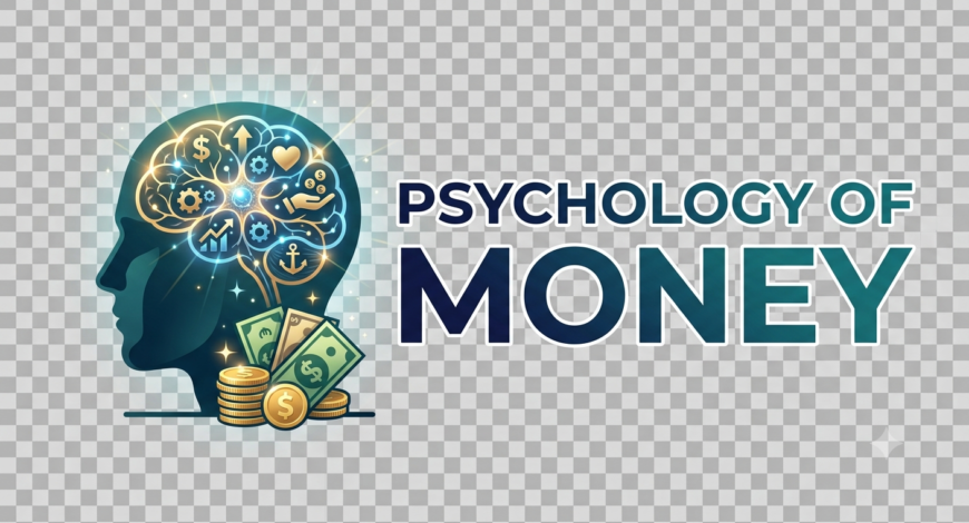 Open book titled The Psychology of Money resting beside a piggy bank and calculator, symbolizing the link between mindset and financial behavior