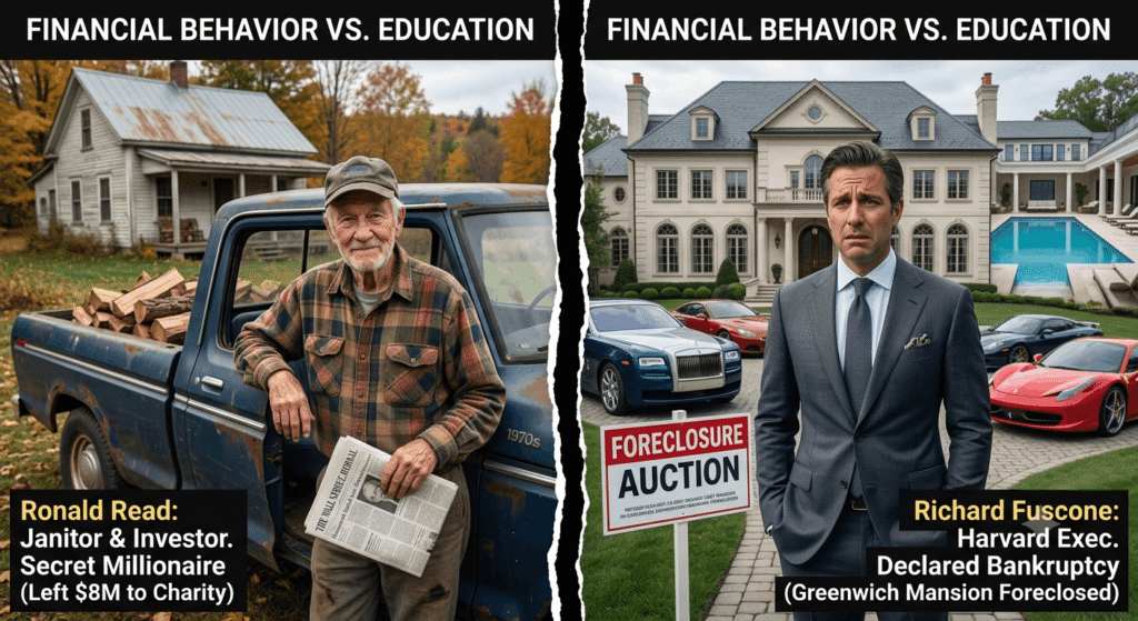 Split-image comparison of a modest retired janitor with an old truck on one side and a Harvard-educated executive with luxury symbols on the other, illustrating contrasting financial outcomes