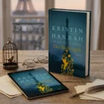 The Nightingale by Kristin Hannah eBook cover on tablet with Paris background