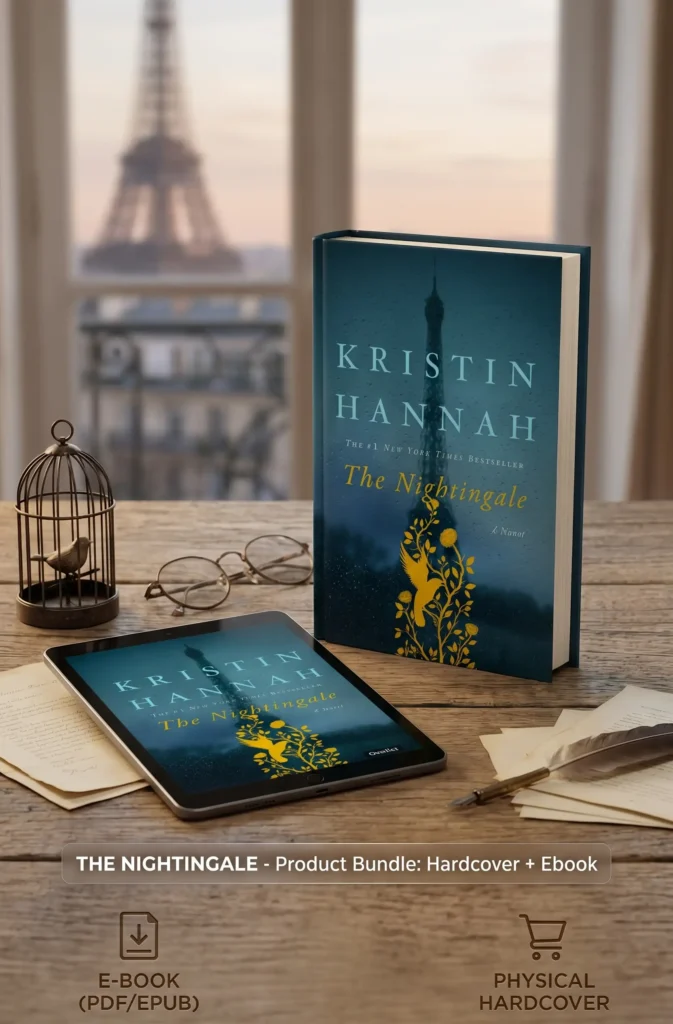 The Nightingale by Kristin Hannah eBook cover on tablet with Paris background