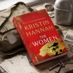 Book cover of The Women by Kristin Hannah featuring a military helicopter and palm trees silhouette