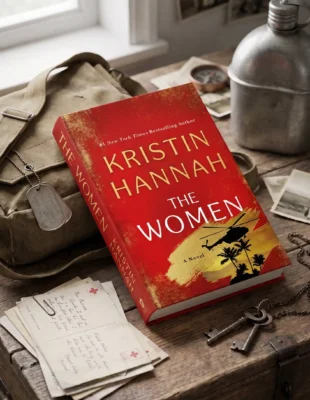 Book cover of The Women by Kristin Hannah featuring a military helicopter and palm trees silhouette