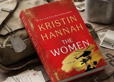 Book cover of The Women by Kristin Hannah featuring a military helicopter and palm trees silhouette