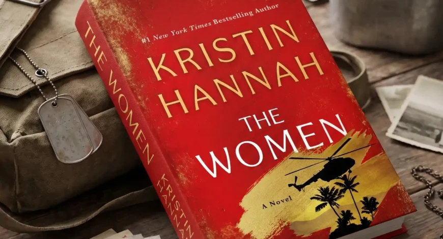 Book cover of The Women by Kristin Hannah featuring a military helicopter and palm trees silhouette