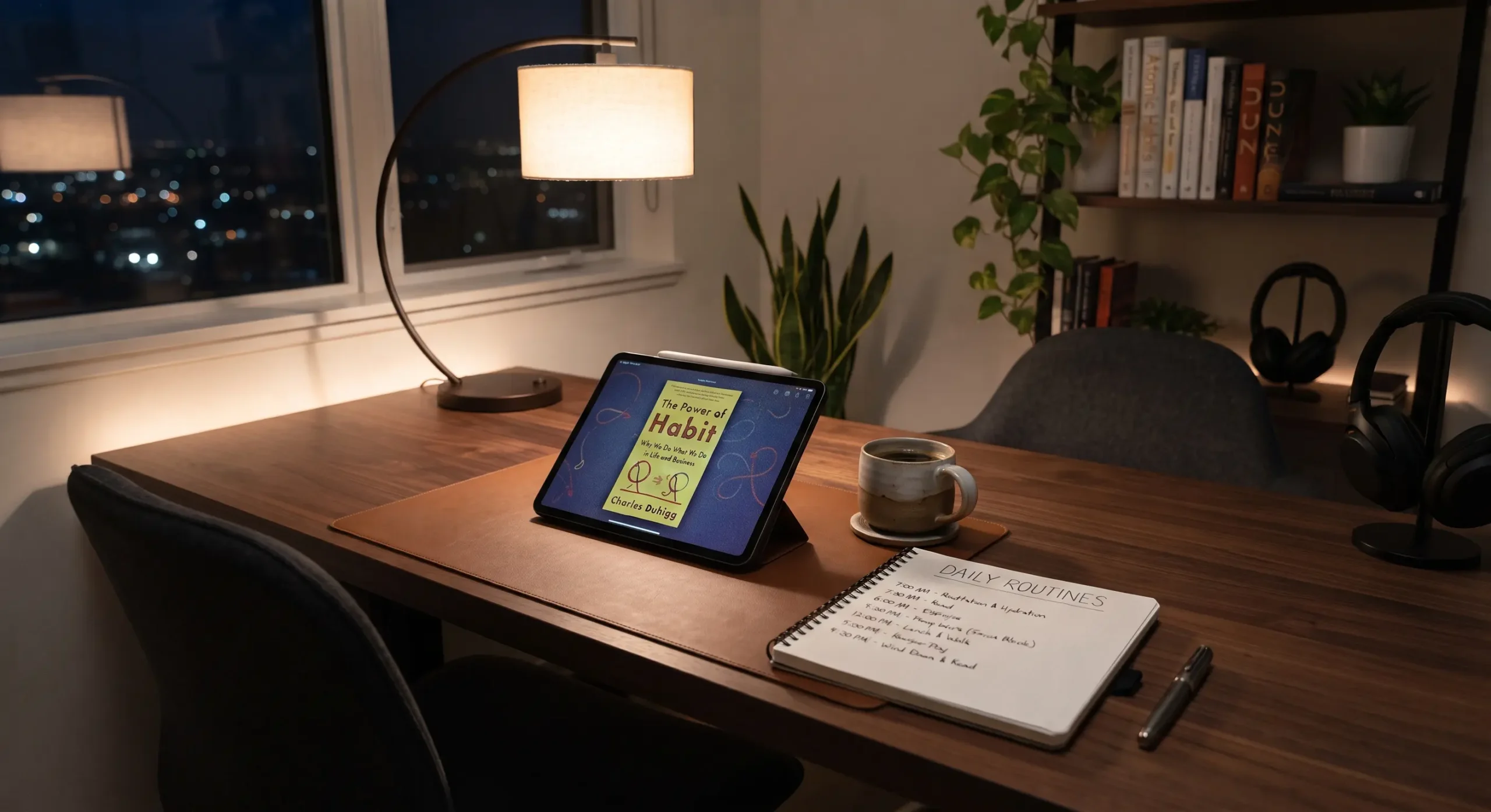 Reading The Power of Habit digital e-book on a tablet setup