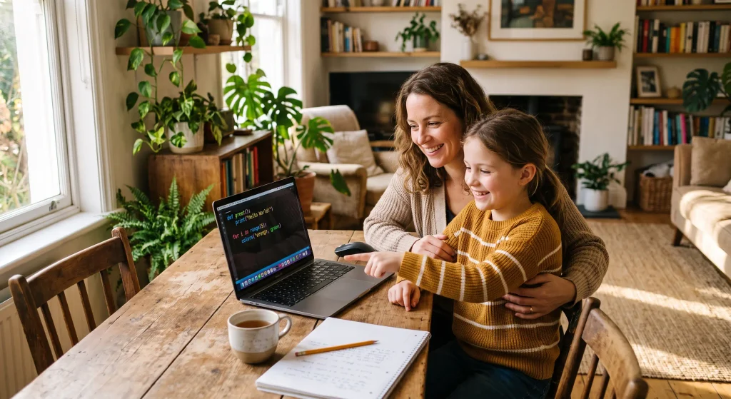 Parent and child learning Python coding together on a laptop at a home desk coding for kids python