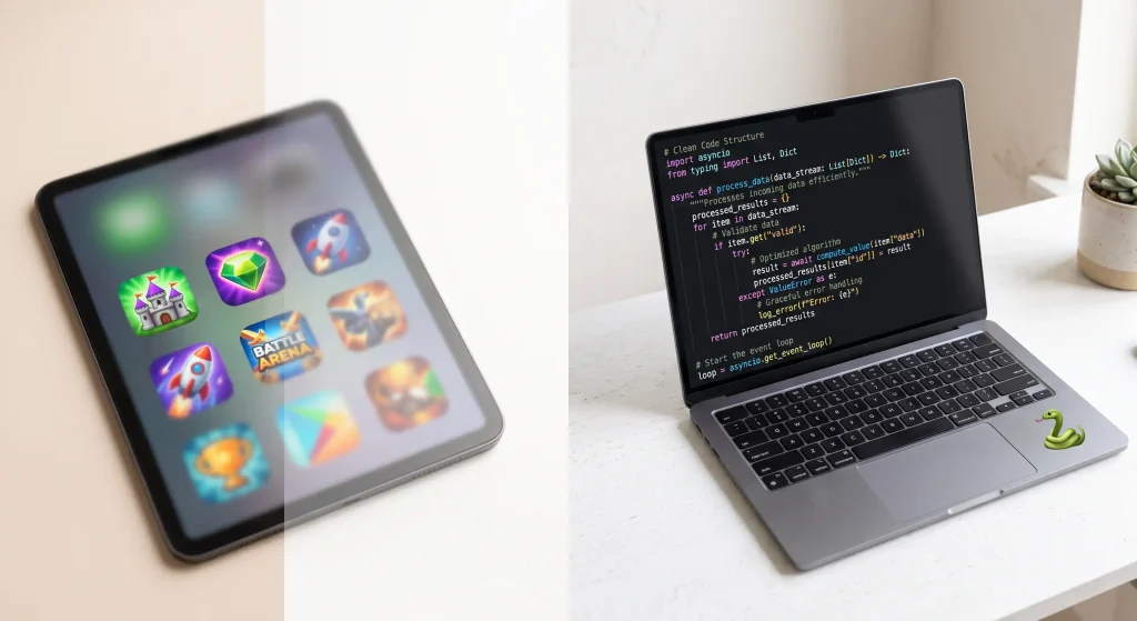 Split view comparing passive tablet screen time to active Python programming on a laptop coding for kids python