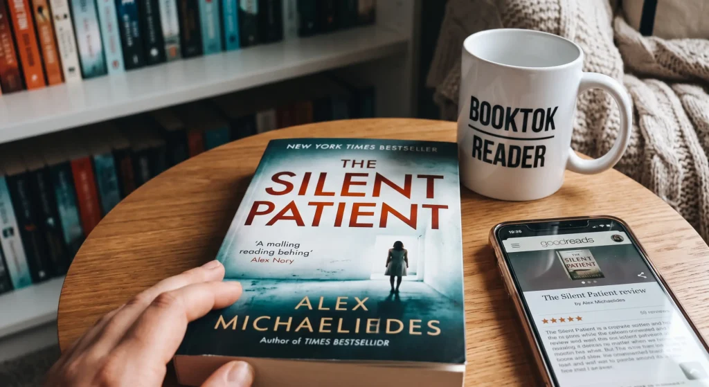 Close-up photograph of "The Silent Patient" book by Alex Michaelides on a wooden table, next to a 'BookTok Reader' mug and a smartphone displaying a Goodreads review. A review of "The Silent Patient" and a modern thriller aesthetic.