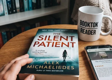 Close-up photograph of "The Silent Patient" book by Alex Michaelides on a wooden table, next to a 'BookTok Reader' mug and a smartphone displaying a Goodreads review. A review of "The Silent Patient" and a modern thriller aesthetic.