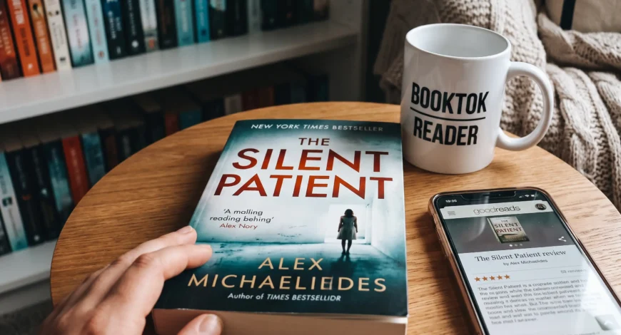 Close-up photograph of "The Silent Patient" book by Alex Michaelides on a wooden table, next to a 'BookTok Reader' mug and a smartphone displaying a Goodreads review. A review of "The Silent Patient" and a modern thriller aesthetic.